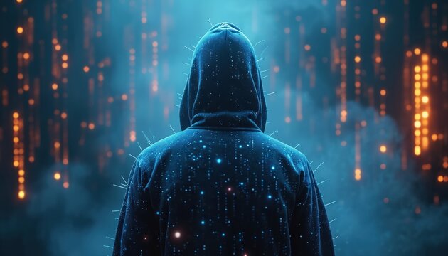 Anonymous person wears dark hooded sweatshirt, back to viewer. Glowing digital data streams around figure. Hoodie tech circuit patterns. Hacker stands in cyber world, watching info flow. Network