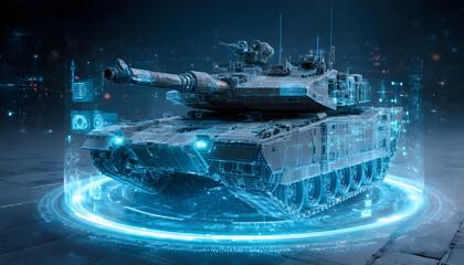 A high-tech armored tank with a glowing digital interface and futuristic holographic display represents modern military innovation. Concept of advanced defense systems