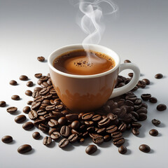 An image of a cup of warm coffee. Fresh coffee cup surrounded by beans a wooden table.