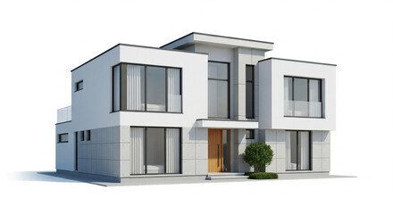 Minimalist modern two-story house with a flat roof and large windows on an isolated transparent background.