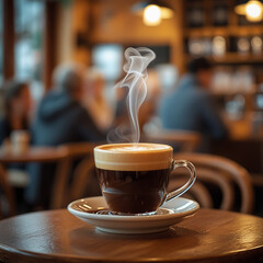 An image of a cup of warm coffee. Fresh coffee cup surrounded by beans a wooden table.