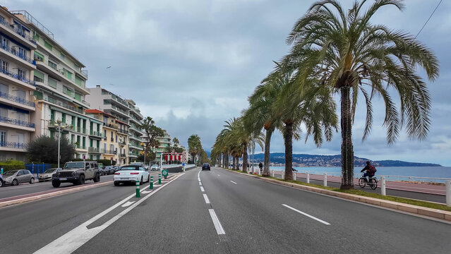 Fototapeta French Riviera. Promenade des Anglais in Nice, Provence-Alpes-Cote d'Azur, France 27 February 2025. 
