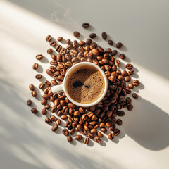 An image of a cup of warm coffee. Fresh coffee cup surrounded by beans a wooden table.