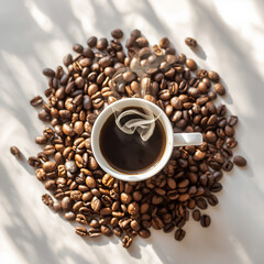 An image of a cup of warm coffee. Fresh coffee cup surrounded by beans a wooden table.