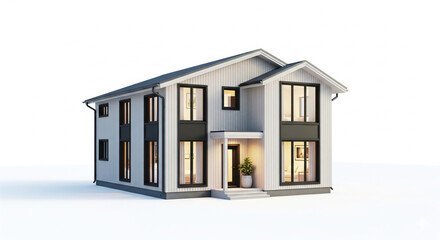 Charming Modern White House with Gabled Roof and Dark Windows on an Isolated transparent background