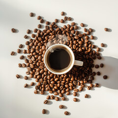 An image of a cup of warm coffee. Fresh coffee cup surrounded by beans a wooden table.