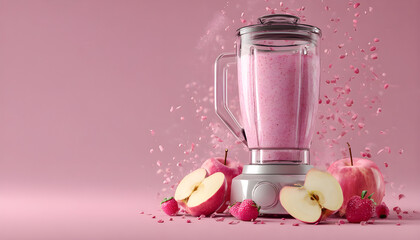 Pink blender filled with apples preparing healthy smoothie on transparent background