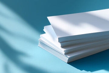 Stacks of white paper resting on a vibrant blue background