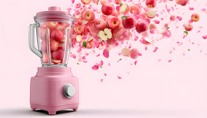 Fototapeta premium Pink blender filled with apples preparing healthy smoothie on transparent background