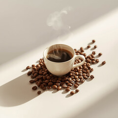 An image of a cup of warm coffee. Fresh coffee cup surrounded by beans a wooden table.