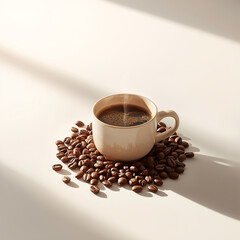 An image of a cup of warm coffee. Fresh coffee cup surrounded by beans a wooden table.