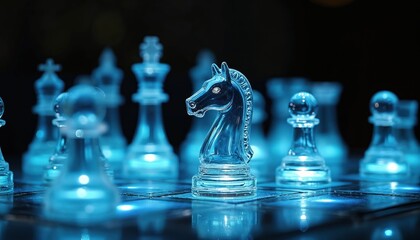 Illuminated glass chess set with clear pieces on glowing board. Focus on knight. Modern strategy game, indoor, intellectual challenge, creative design.