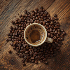 An image of a cup of warm coffee. Fresh coffee cup surrounded by beans a wooden table.