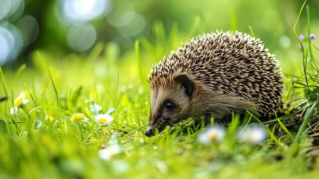 A young hedgehog wandering through a grassy field with wildflowers, basking in the sunshine of a warm spring day.
