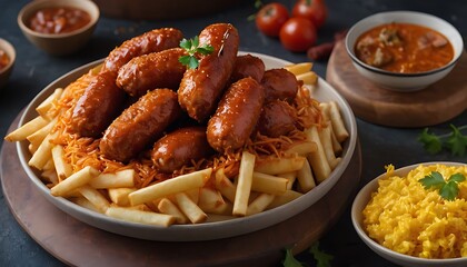 Currywurst Sausages with Curry spice on wursts served French fries