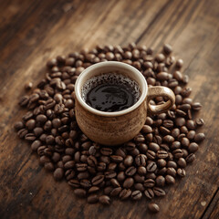 An image of a cup of warm coffee. Fresh coffee cup surrounded by beans a wooden table.