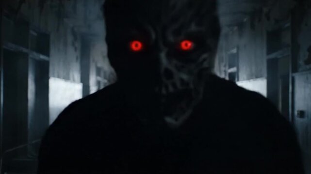 Paranormal Demon walking through decayed hallway with debris and sagging ceiling dramatic horror scene