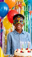African boy wearing mask at celebration at festive birthday celebration table with joyful atmosphere and bright decorations.