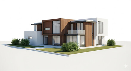 Luxurious Modern House with Wooden and White Facade and Minimalist Landscaping in a Bright Studio