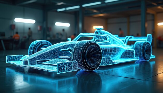 Futuristic racing car rendered in glowing blue wireframe. Neon lines define aerodynamic shape. Digital concept vehicle sits on reflective floor in garage setting.
