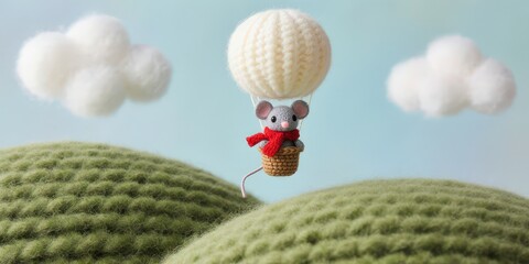 Cute mouse in yarn hot air balloon