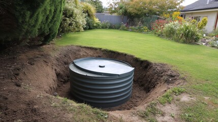 Picture of an underground water tank that has just been installed in the ground of a garden, water scarcity, 16:9
