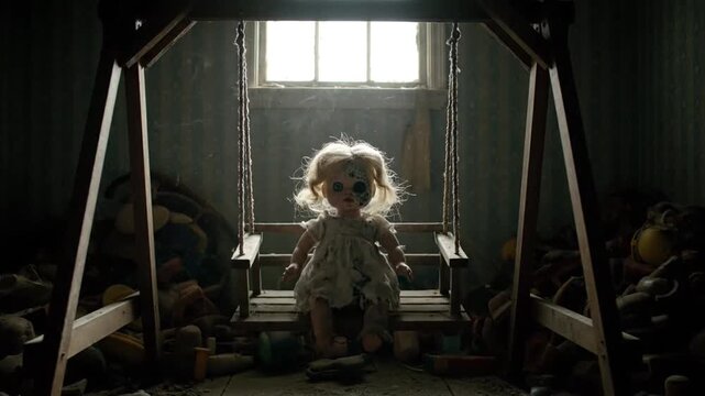 Creepy rag doll on old swing beneath window in forgotten nursery filled with toys