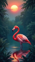 Fototapeta premium Pink flamingo stands in tranquil water at sunset. Rich foliage surrounds the exotic bird. Sunset glow reflects on water surface. Tropical nature scene offers peaceful ambiance.