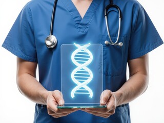 Doctor holding digital DNA helix screen