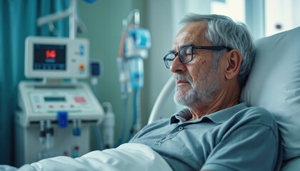 Grey haired elderly man with glasses rests in hospital bed. Receives important medical dialysis treatment for health. Modern medical machine with tubes works nearby. Patient looks thoughtful,