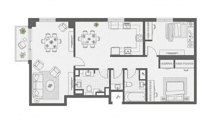 Detailed Architectural Floor Plan Blueprint of a Modern Apartment Layout on Isolated transparent background