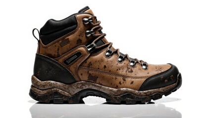 Mud-splattered brown leather hiking boot