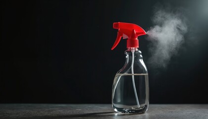 Clear plastic spray bottle with red nozzle sprays fine liquid mist into air. Bottle sits on dark surface against black background. Dispenser creates droplets for cleaning, disinfecting, sanitizing,