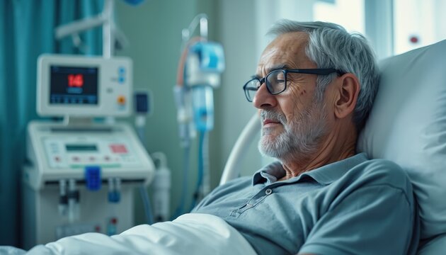 Grey haired elderly man with glasses rests in hospital bed. Receives important medical dialysis treatment for health. Modern medical machine with tubes works nearby. Patient looks thoughtful,