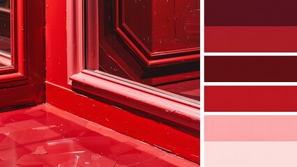  A close-up shot of a red window frame with peeling paint, next to a red monochrome color palette.