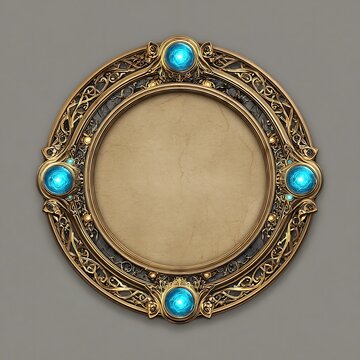 An ornate magical frame with a golden, circular design and glowing blue orbs.