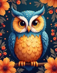 Fototapeta premium Vibrant blue, orange owl illustration sits on tree branch surrounded by autumn flowers, leaves. Cute bird portrait features big eyes, colorful feathers creating whimsical natural scene, perfect for