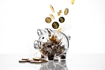 Exploding piggy bank with Bitcoin coins.