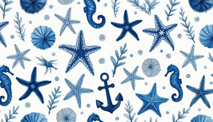 Watercolor ocean pattern features blue starfish sea horses and shells. Marine life illustration on white background. Aquatic life art wallpaper. Underwater design concept for summer or nautical theme.