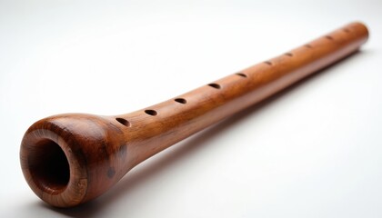 Fototapeta premium Traditional Australian Aboriginal wooden didgeridoo instrument on white background. Handmade hollow tube with holes for sound production. Cultural heritage symbol, ethnic music, unique craftsmanship,