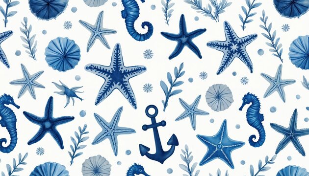 Watercolor ocean pattern features blue starfish sea horses and shells. Marine life illustration on white background. Aquatic life art wallpaper. Underwater design concept for summer or nautical theme.