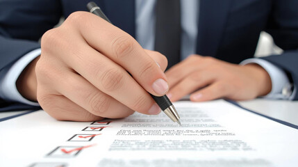 Close up of a person in a suit signing a document with a pen