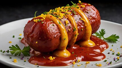 Currywurst Sausages with Curry spice on wursts served French fries