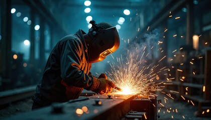 Man in mask welds metal outdoors with bright sparks flying. Worker uses welding torch to join steel parts at factory. Craftsmanship and industry in action.