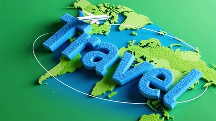 Bright blue 'Travel' word art rests on a stylized green world map with a small airplane soaring above.