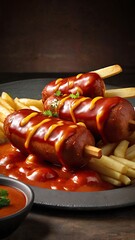 Currywurst Sausages with Curry spice on wursts served French fries