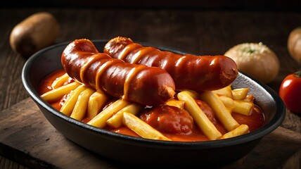 Currywurst Sausages with Curry spice on wursts served French fries