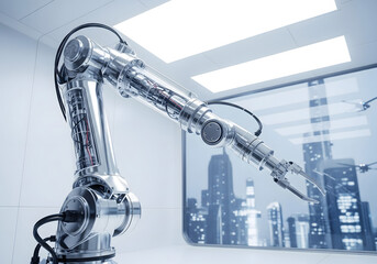 A futuristic robotic arm with a sleek, metallic design extending into a white lab, with a large window overlooking a cityscape. Generative AI.