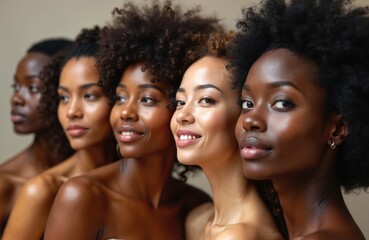 Obraz premium Five diverse women with varying skin tones and hair textures pose closely together. Their faces show natural beauty and smiles, representing unity and friendship.