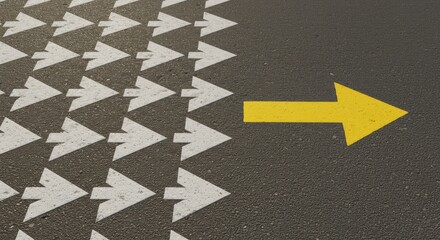 Leading the way a single yellow arrow breaks free from a crowd of white arrows, symbolizing individuality and innovation